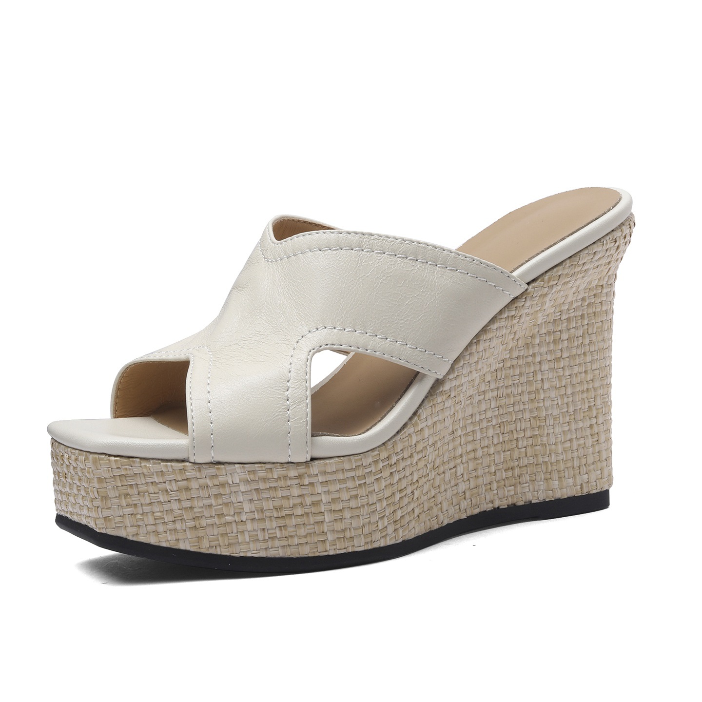 Sandal cao gót nữ hở mũi da dê đế xuồng dày — màu nâu