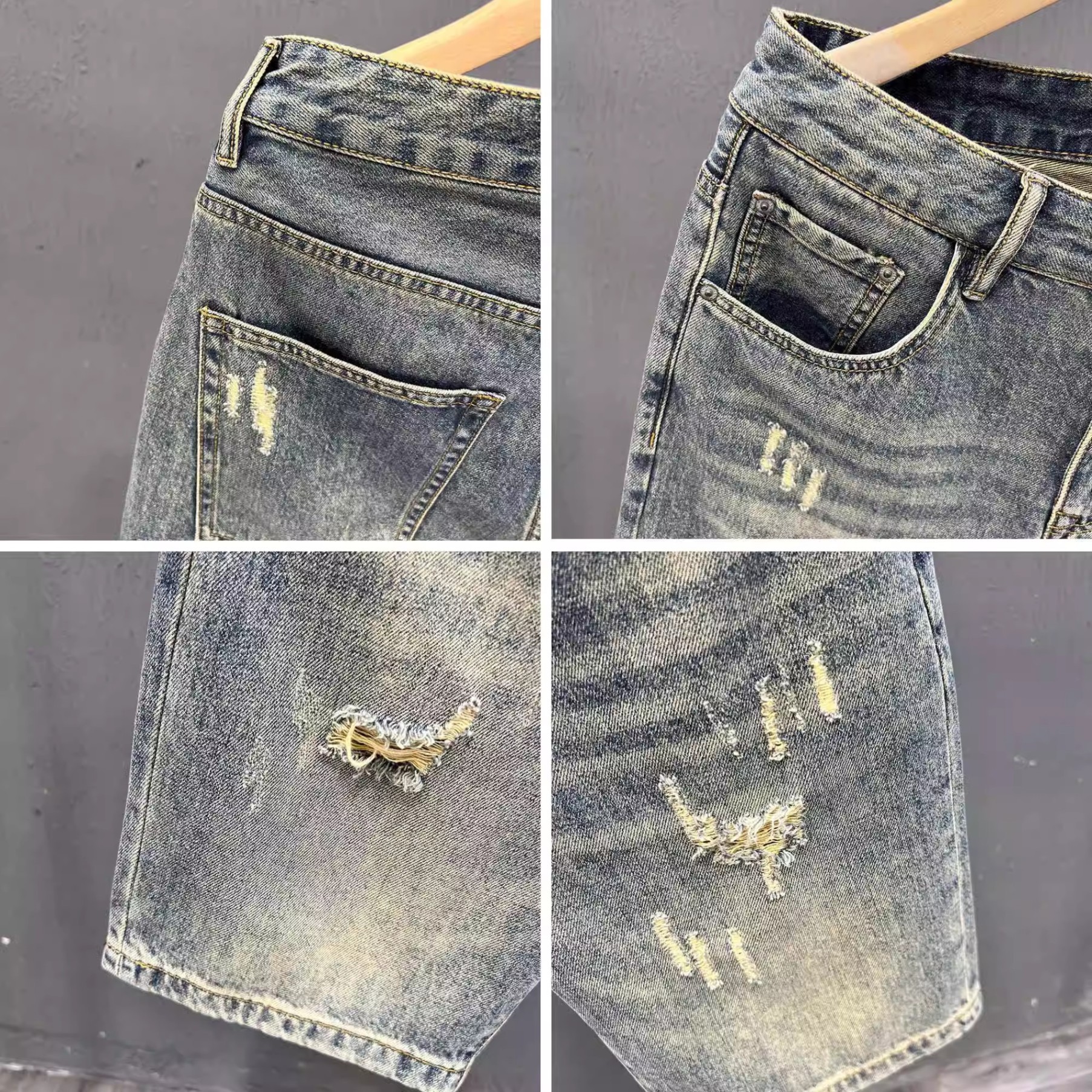 Men's Trendy Denim Shorts Spring Retro Washed Ripped Five Point Harem Pants_mkmklike.com