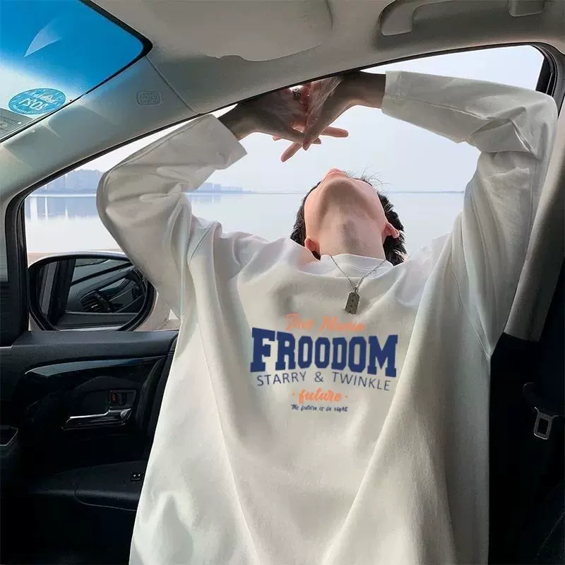 100%纯棉长袖男内穿ins原宿风简约宽松打底衫学生韩版上衣白色t恤