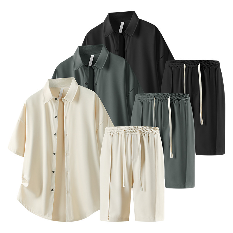 Summer New Loose Ice-Feel Stretch Shirt Shorts Men's Casual Fashion Suit