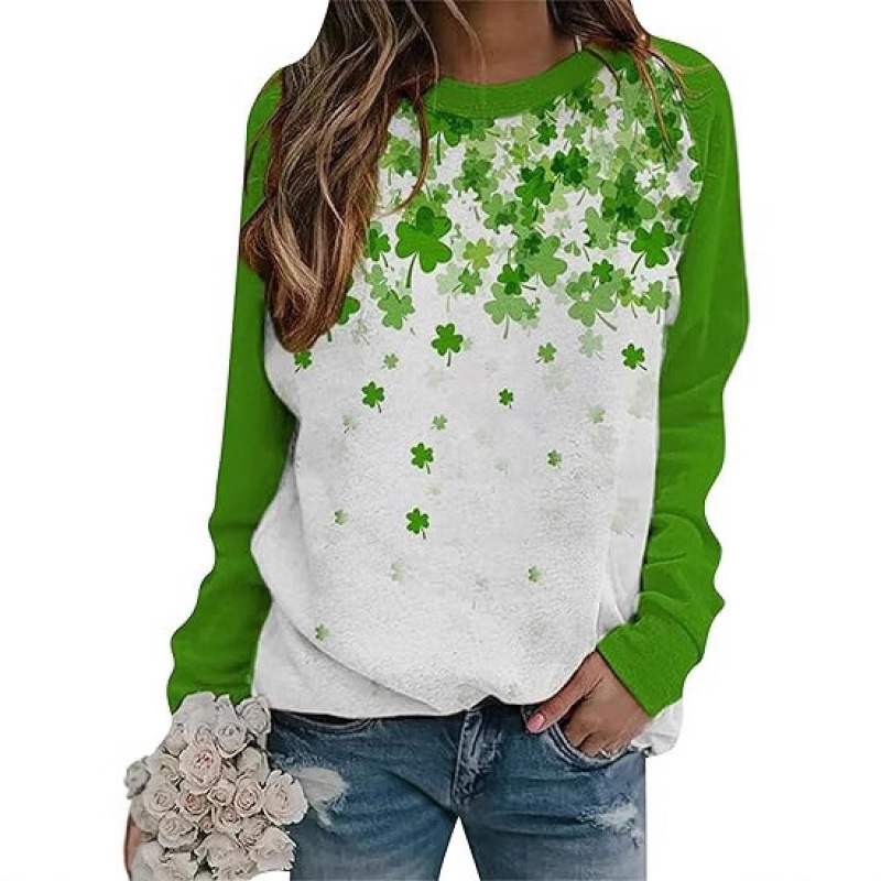 European and American Cross-Border Aliexpress St. Patrick's Day Long-Sleeved Clover Print Raglan Sleeve Long-Sleeved Women's Sweatshirt 143