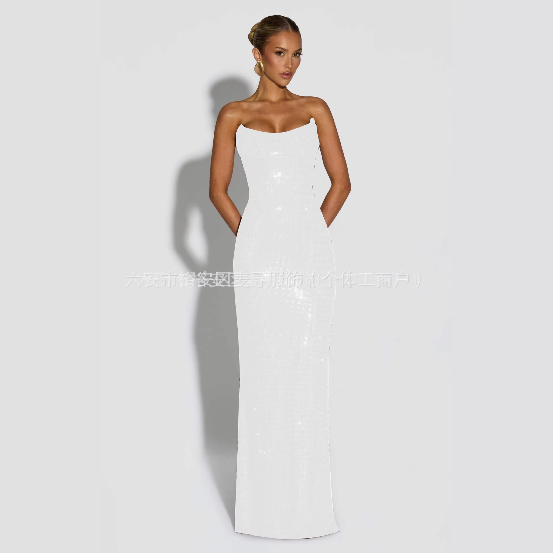 Cross-Border European and American Tube Top High-End Light Luxury Evening Dress Backless Slimming Fishtail Skirt Long Sequin Dress