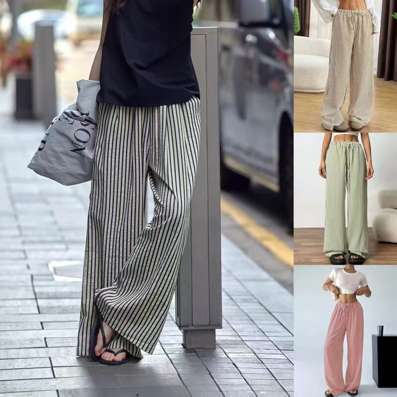 2026 Spring and Autumn Cross-Border Amazon Temu European and American Striped Drawstring Waist Wide-Leg Pants Women's Casual Pocket Pants 2026 Spring and Autumn Cross-Border Amazon Temu European and American Striped Drawstring Waist Wide-Leg Pants Women's Casual Pocket Pants