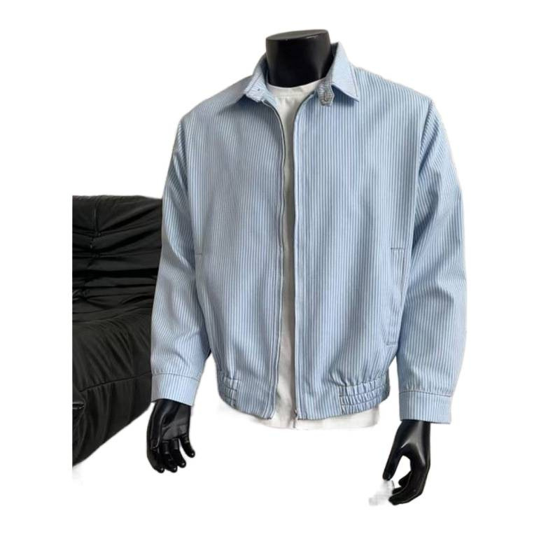 蓝白条纹衬衫夹克男款秋季潮牌cleanfit短款翻领棒球服高级感外套|undefined