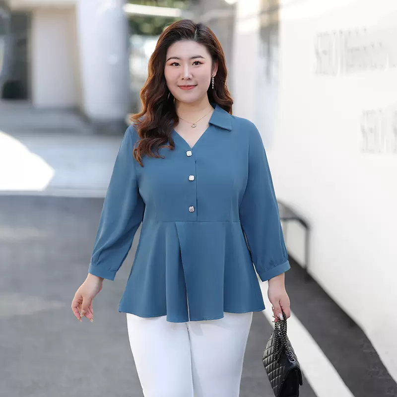 大码女装衬衫九分袖2025秋季新款胖mm上衣收腰遮肚子中袖v领衬衣