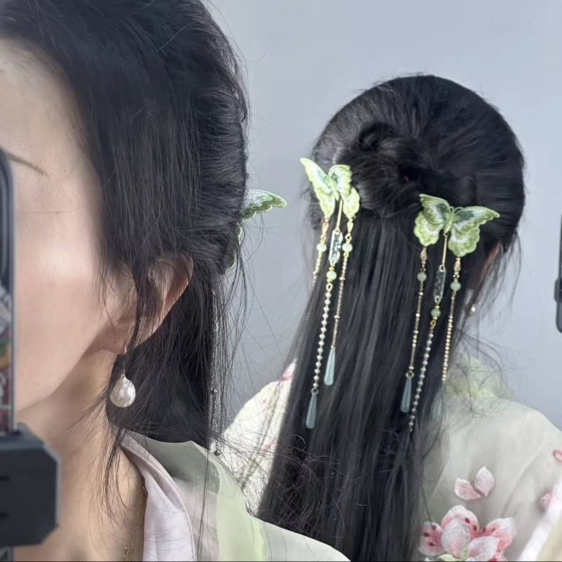 青蝶新中式刺绣蝴蝶长流苏发夹女古风发饰步摇边夹后压汉服旗袍仙|undefined
