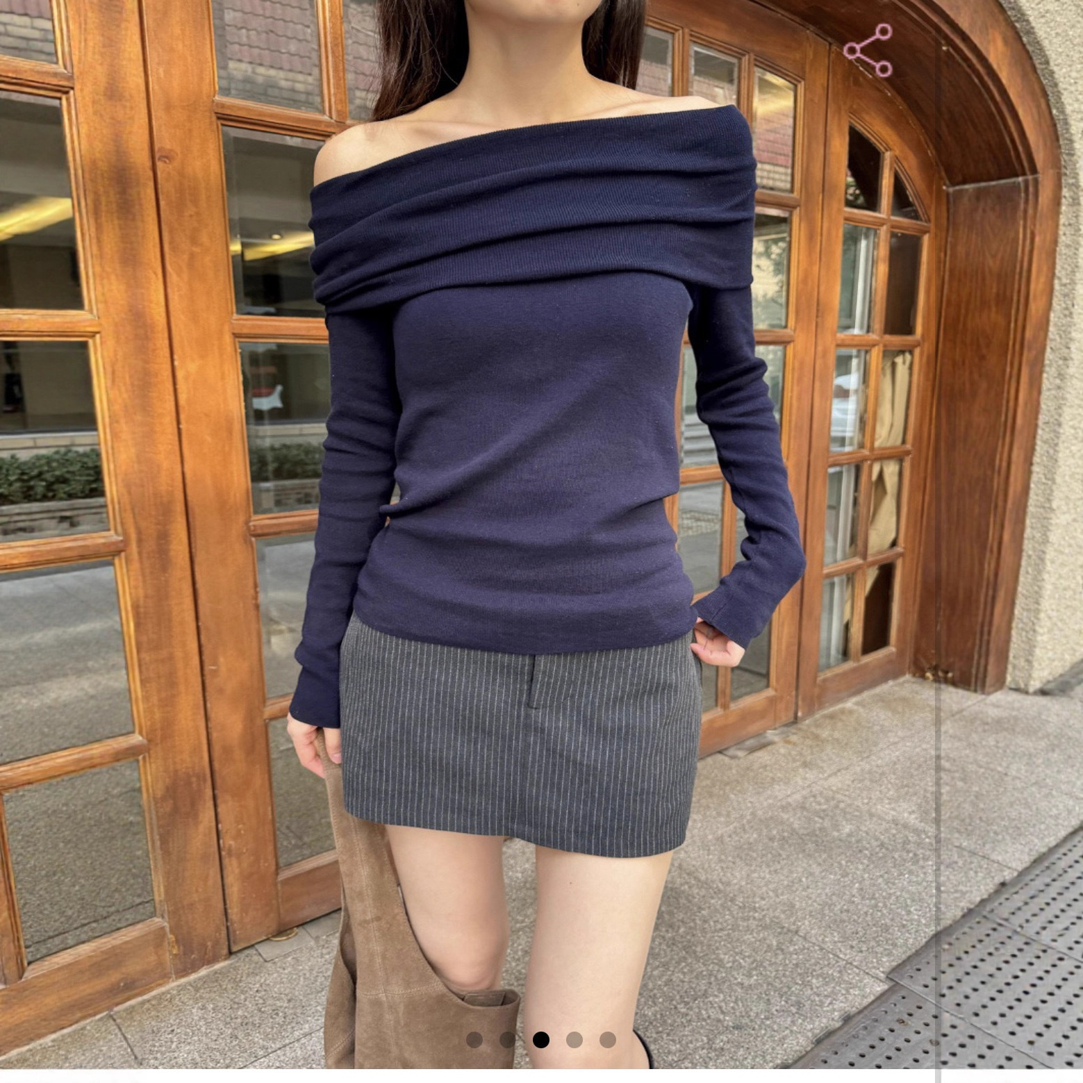 BM style navy blue off-shoulder long-sleeved knit top for women, new BM style slim fit base layer sweater.