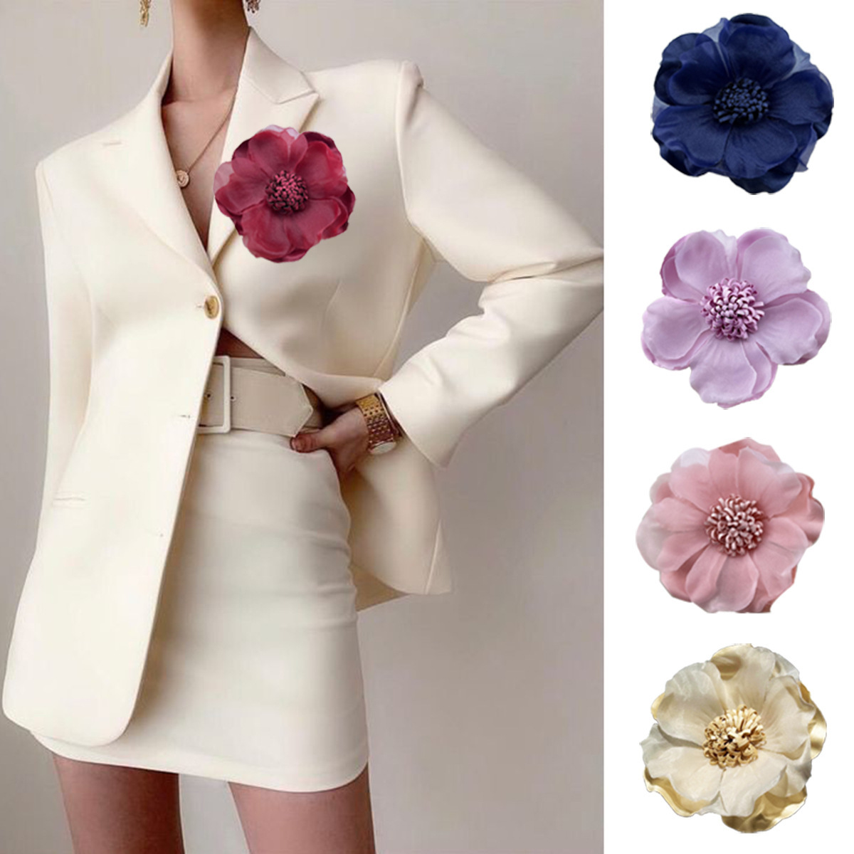 Broche fleur en gaze de 10 cm, accessoire élégant et polyvalent pour cheveux, vente en gros._voghion.com