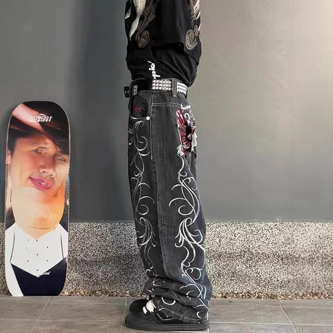 Men's Clothing Men's Dark Gothic Style Retro Straight Leg Jeans High Street Embroidered Pants For Formal & Casual_mkmklike.com