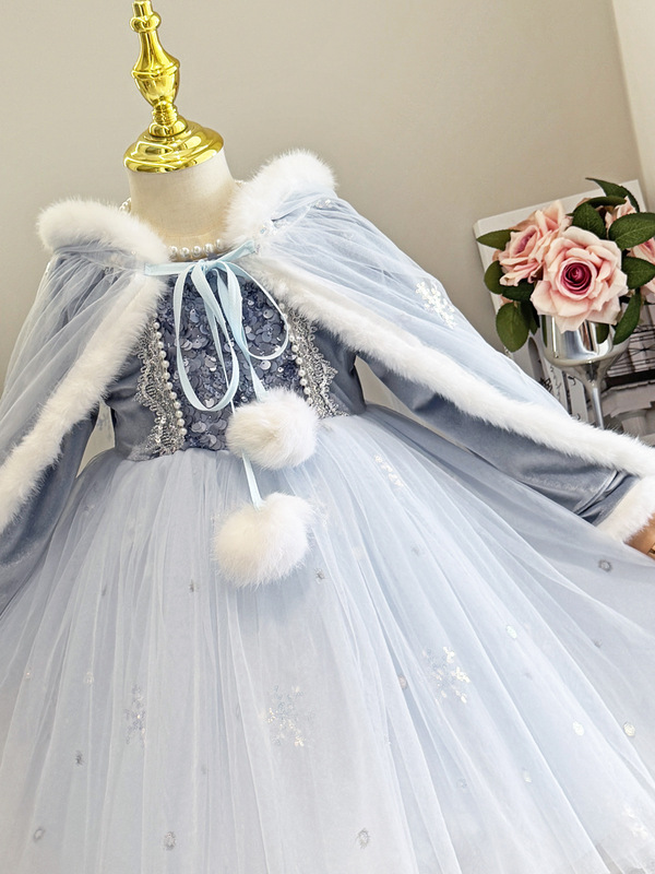 爱莎公主女童连衣裙秋冬网纱斗篷披肩冰雪奇缘生日礼服仙仙裙|undefined