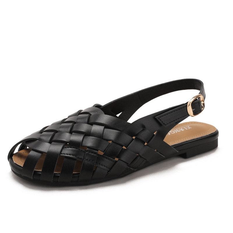 Commuting Style Woven Sandals With Closed Toe And Open Back, Flat Design, Summer Breathable, One-strap Buckle Roman_voghion.com