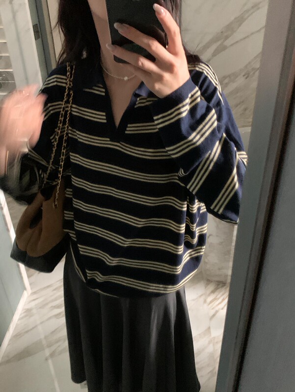 美式复古撞色条纹polo领针织衫女宽松秋冬季新款宽松休闲毛衣上衣|undefined