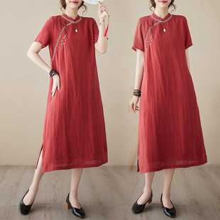 Real Shot of Ramie Embroidered Improved Cheongsam Dress 2025 Summer New Style Short-Sleeved Cotton and Linen Dress for Exam Preparation