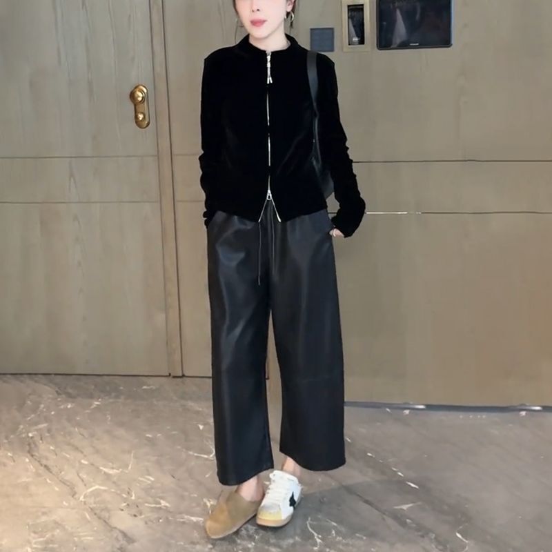 Suit 2025 New Autumn Fashion Complete Set of Women's Style Double Zipper Long-Sleeved Jacket Wide-Leg Leather Pants Two-Piece Set