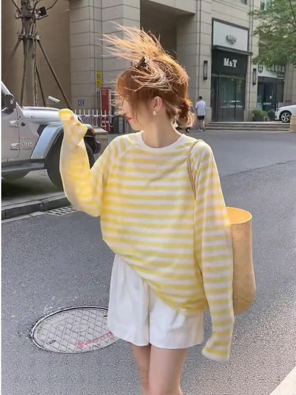【工場在庫あり】テンセルリブ+ソロナコントラストストライプ日焼け止めブラウス夏ゆったり薄手Tシャツ|undefined