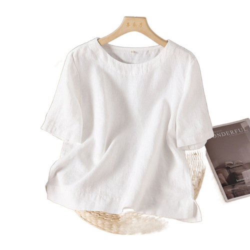 Cotton and linen short-sleeved shirt, top, women's literary retro temperament, design, 2026 summer new loose casual pullover