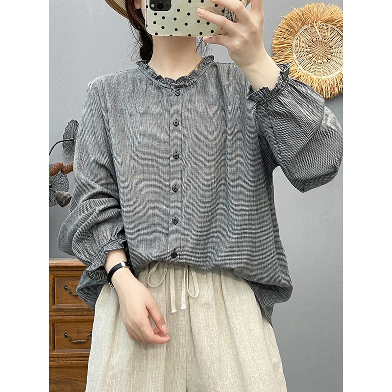 Spring and Autumn New Cotton Gauze Plaid Shirt Women's Long Sleeve Loose Casual Versatile Shirt Literary Retro Top