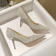 珍珠高跟鞋2022新款尖頭淺口公主禮服鞋仙女風細高跟水晶新娘鞋