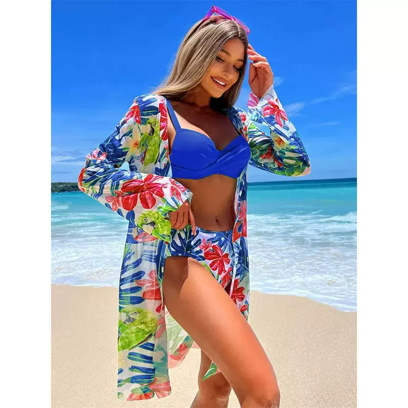 欧美跨境分体泳衣女三件套装性感比基尼沙滩罩衫露背紧身泳装