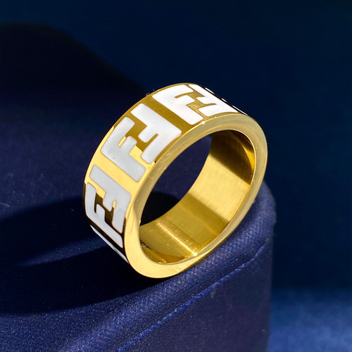 Fengjia Double F Letter Black and White Oil-Drop 22 New European and American Style Couple Rings Fashionable Simple Titanium Steel Ring Set