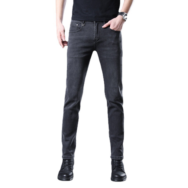 El fabricante de origen una pieza de jeans de todo fósforo negros y grises, pantalones de pie delgados de la marca de moda elástica para hombres
