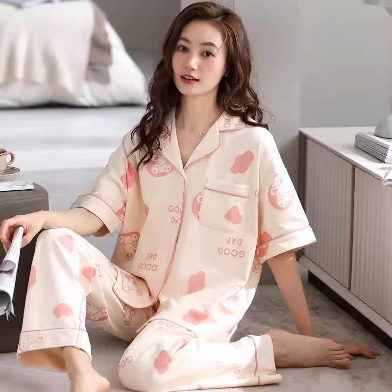 Pijamas de moda de primavera y verano delgados pantalones de manga corta cardigan simple y suelta se puede usar fuera de casa image 34