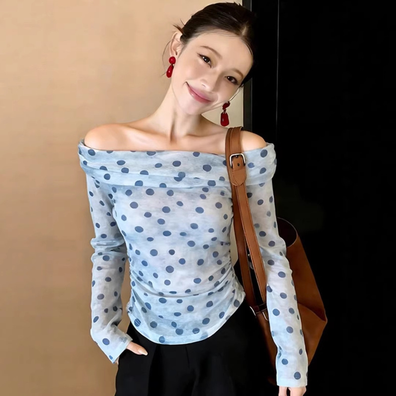 Stylish Dopamine-Inspired Beautiful Polka Dot Gradient Unique Long-Sleeve T-Shirt for Women, Off-Shoulder, Super Stylish Mesh Top