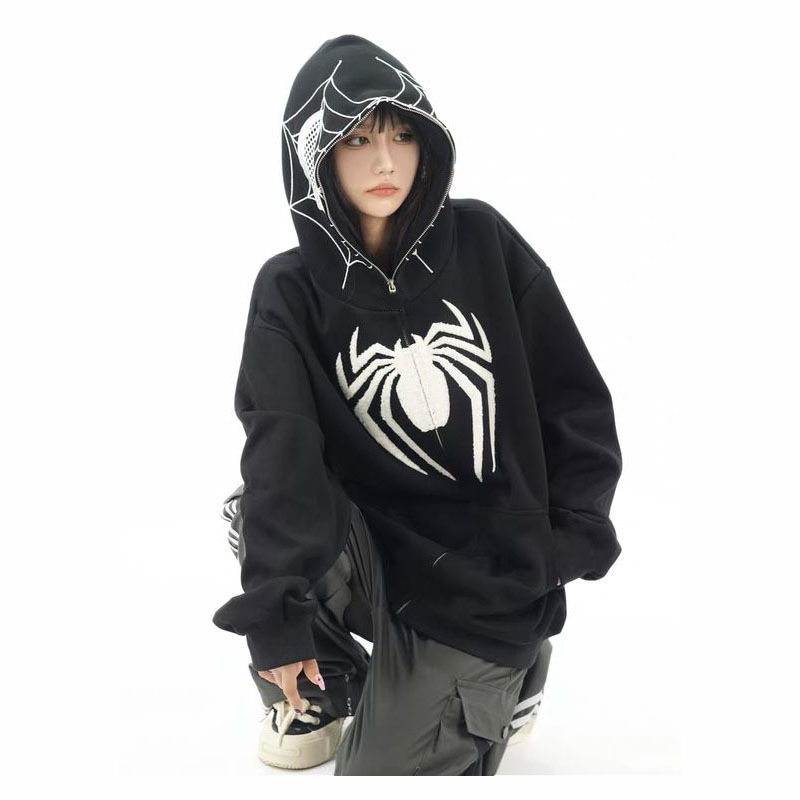 American Style Retro Niche Design Spider-Man Printed Hooded Sweater Zipper Cardigan Autumn Street Loose Jacket for Men