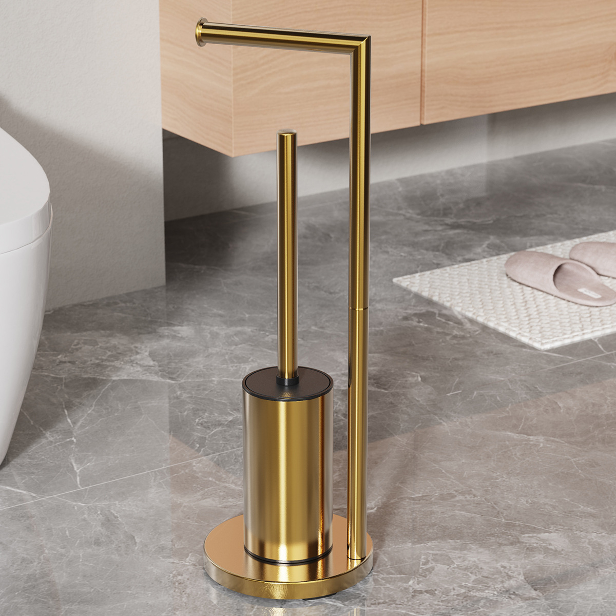 Cepillo de inodoro de piso dorado para el hogar, soporte de toallas de papel, soporte de rollo de papel integrado, cepillo de limpieza, soporte de papel higiénico desmontable