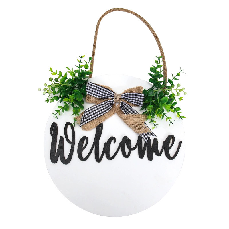 Modern Style Hello Garland Front Door Decoration Round Welcome Wooden Hanging Sign Bow Wooden Door Sign Wholesale