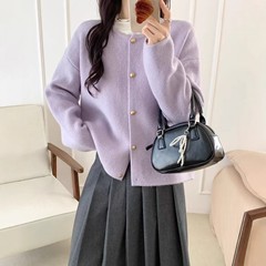 韩系新款圆领宽松针织开衫女休闲简约慵懒风小金扣长袖外套上衣女