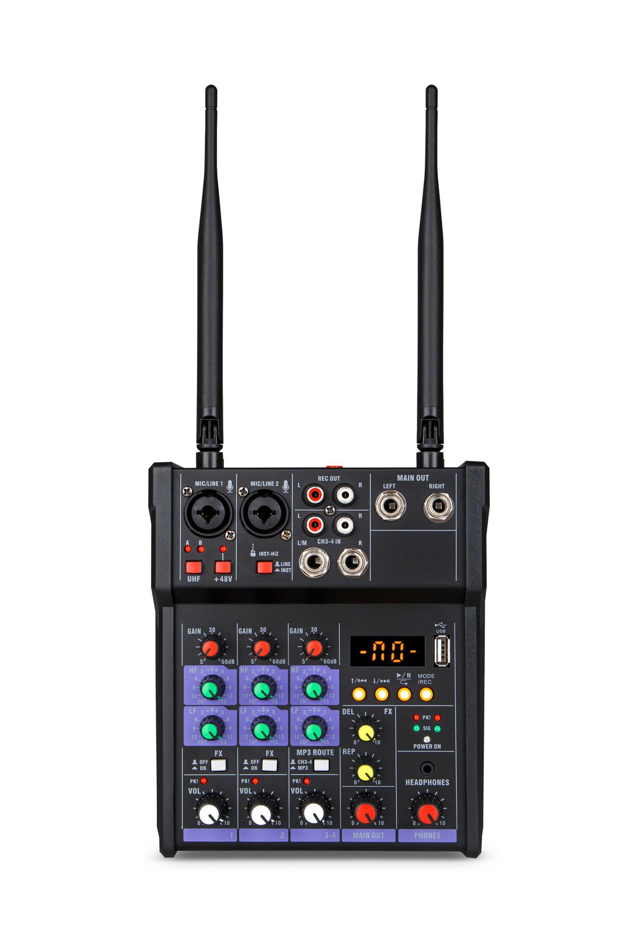 4-Channel Audio Mixer with Wireless Microphone Effects, Portable Outdoor Karaoke Recording, Bluetooth Reverb Mixing Stage