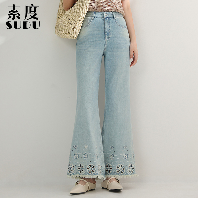 Sudu New Summer Thin Tencel Cotton Hollow-out Embroidered Pants Vintage light blue Rouge Slim Look Jeans for Women