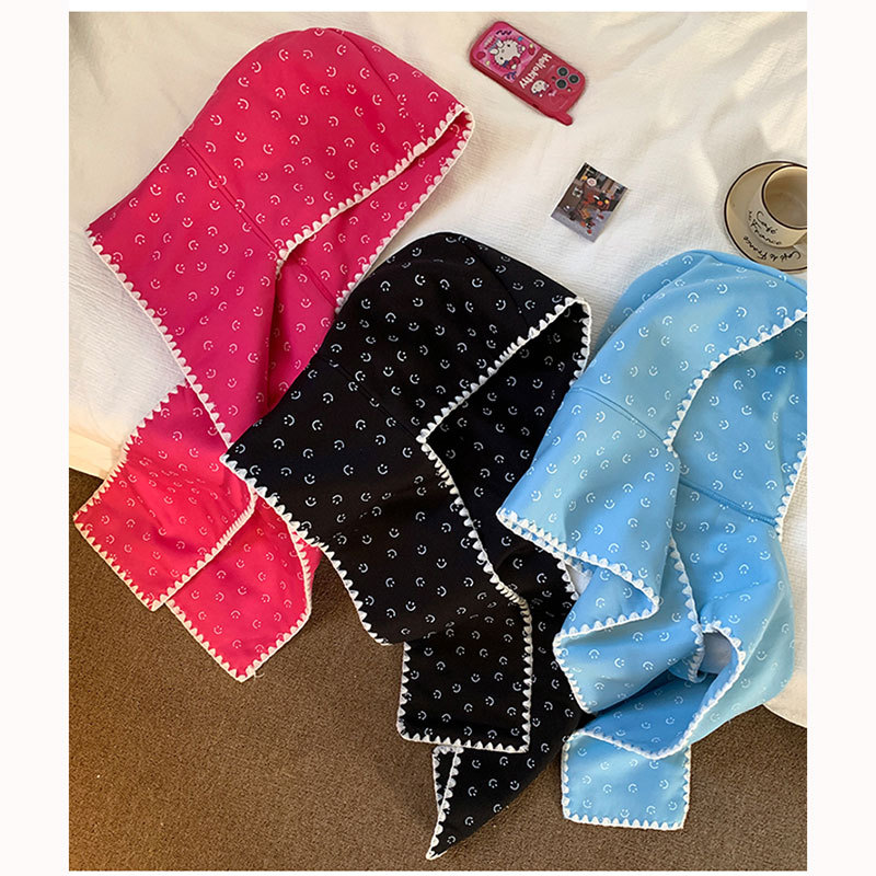 韩版蝴蝶结印花帽子围巾一体女冬季新款可爱百搭保暖防寒针织围脖