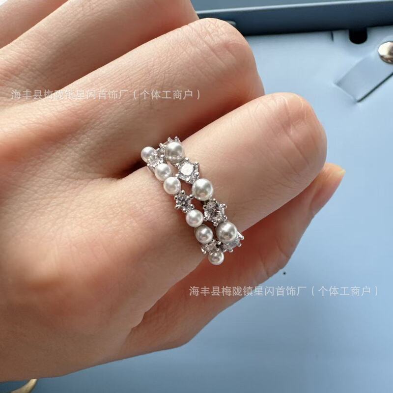 HEFANG What Bubble Double Layer Ring Fashion All-match Light Luxury Silver Grey Pearl Ring Female Birthday Gift