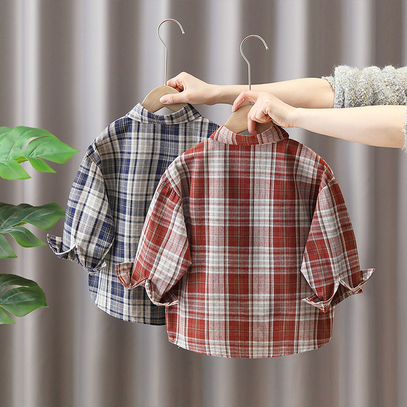 7817 Ropa para niños Camisa de primavera y otoño para niños 2025 Nueva camisa a cuadros para niños Camisa de manga larga de primavera para bebés