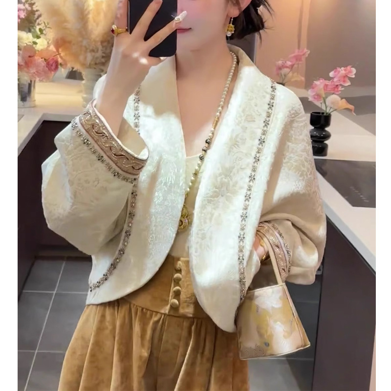 星辰2025秋新款中式设计款茧型提花刺绣外套+阔腿裤套装女两件套|undefined