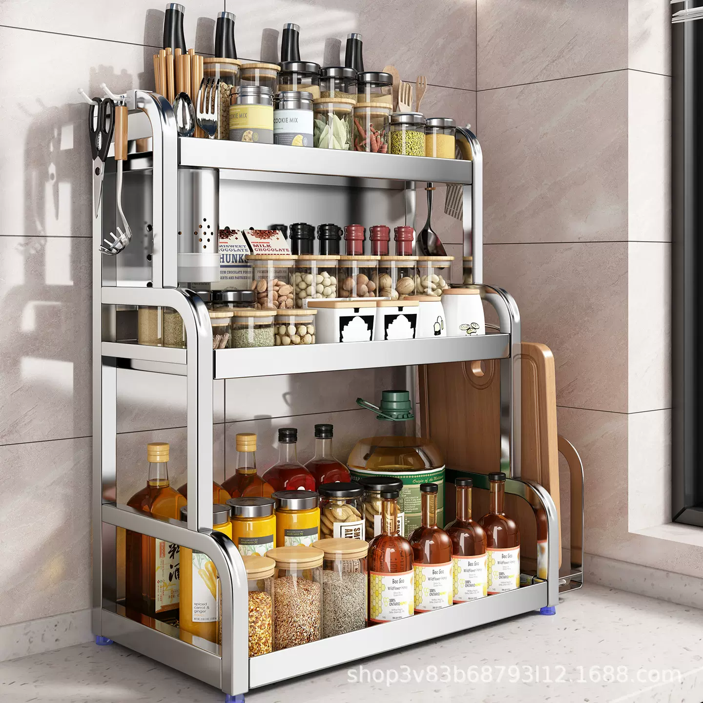 不锈钢厨房置物架台面放油壶调味品刀具筷子多层调料收纳架刀架