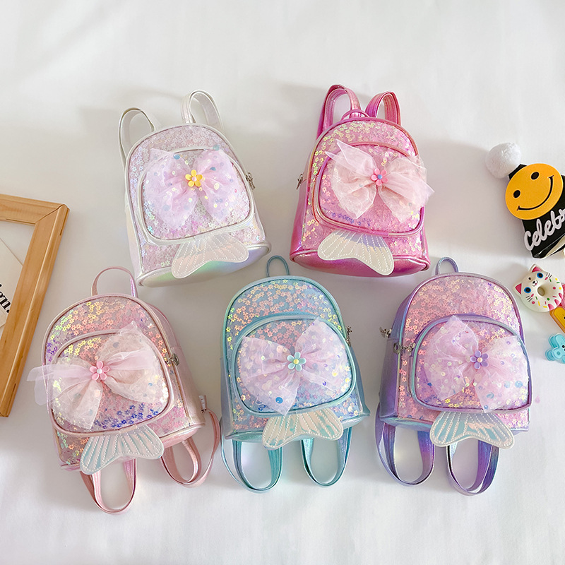 Mochila de moda para niños con lentejuelas Estilo coreano Kindergarten Bow Fishtail Schoolbag Comercio exterior Mini Mochila pequeña para niña