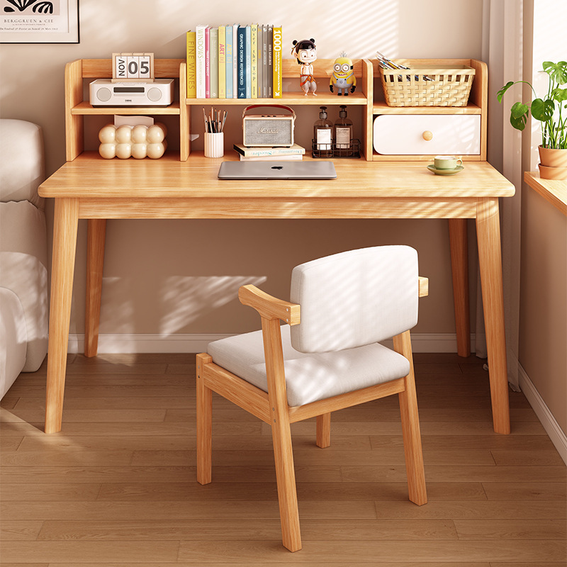 Desk Bookshelf Integrated Table with Drawer Computer Table Girls Bedroom Home Solid Wood Leg Wall Student Study Table