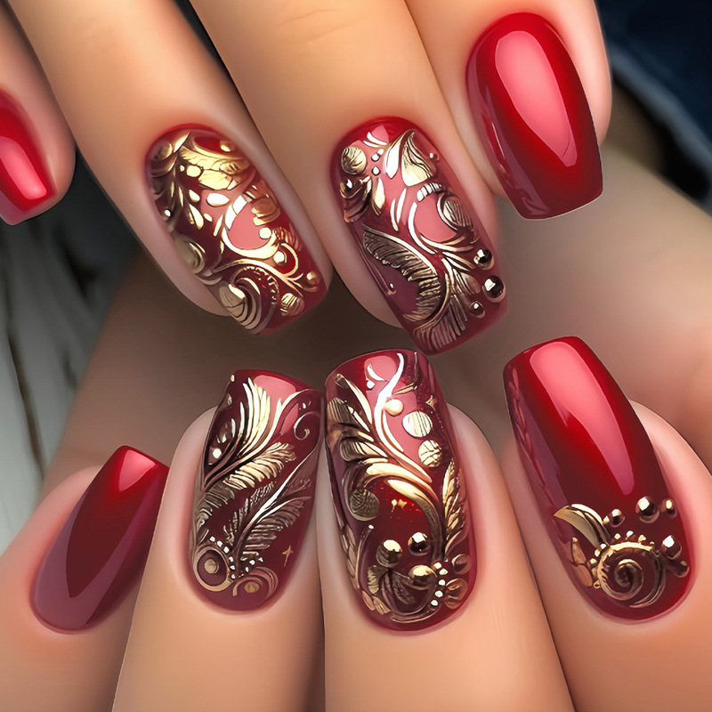 Cross-Border Hot-Selling Chinese-Style Autumn and Winter Burgundy Fake Nails New Year Carved Dragon Totem Wearable Nail Art Patches