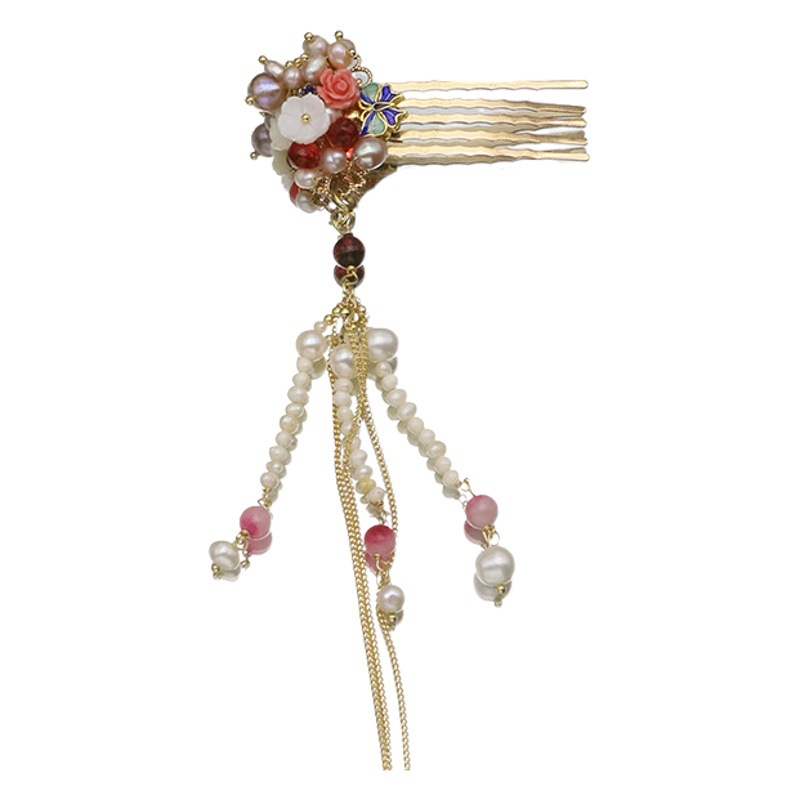 Natural de la Perla del pelo peine de inserción peine cloisonne estilo nacional borla accesorios para el cabello de cinco dientes updo metal peine del pelo de alta calidad al por mayor