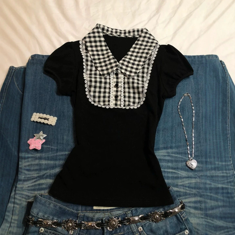 Vintage Y2K black and white plaid polo shirt short-sleeve t-shirt for women, slim-fit versatile top in a trendy style Vintage Y2K black and white plaid polo shirt short-sleeve t-shirt for women, slim-fit versatile top in a trendy style
