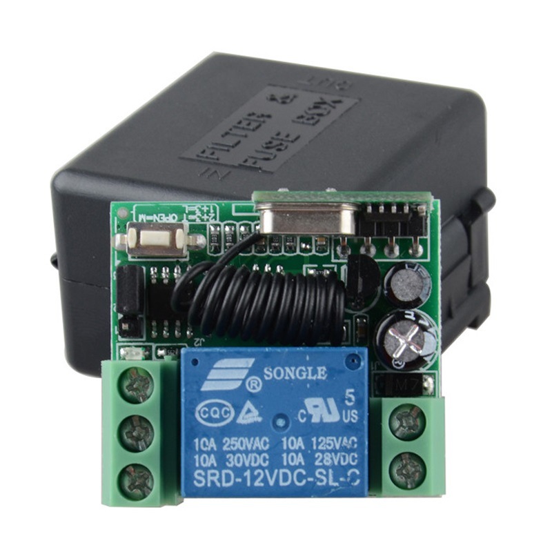 新款小体积学习型12伏单路遥控开关门禁接收含皮箱外壳