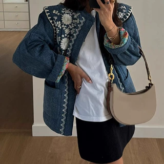 长袖印花口袋棉服外套2024欧美跨境秋冬女单排扣通勤保暖外套WQK0