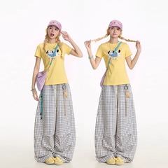 韓国の甘い女の子の夏の怠惰なブルーチェック柄パンツ、星のペンダント付き女性用ワイドレッグパンツ、カジュアルでルーズなスリムなスモールソードパンツ