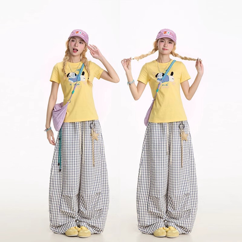 Korean Style Sweet Girl Summer Lazy Blue Plaid Pants for Women with Star Pendant Wide-Leg Pants Casual Loose Slimming Scimitar Pants
