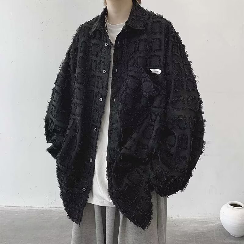 Casual long-sleeved shirt men's Korean-style spring and autumn new trendy niche design handsome loose tassel plaid shirt Casual long-sleeved shirt men's Korean-style spring and autumn new trendy niche design handsome loose tassel plaid shirt