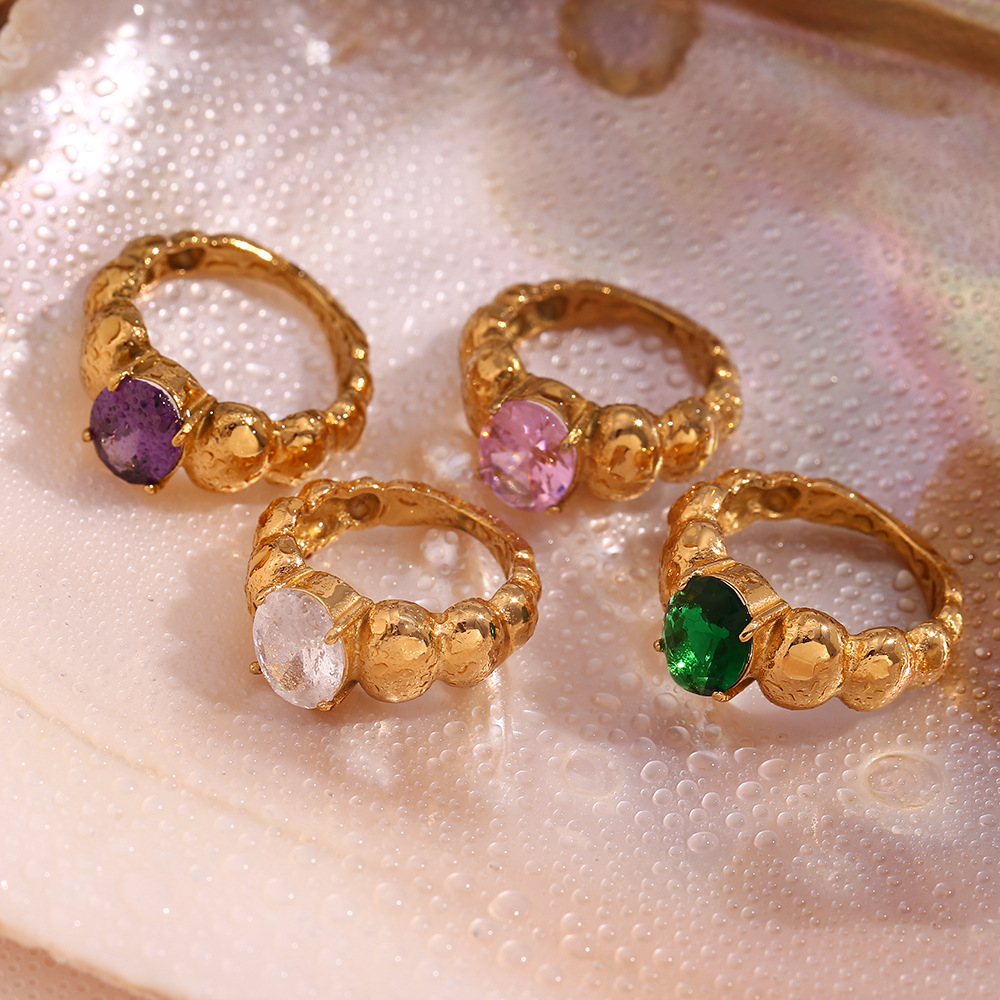 Oval Diamond Inlaid Stainless Steel Ring