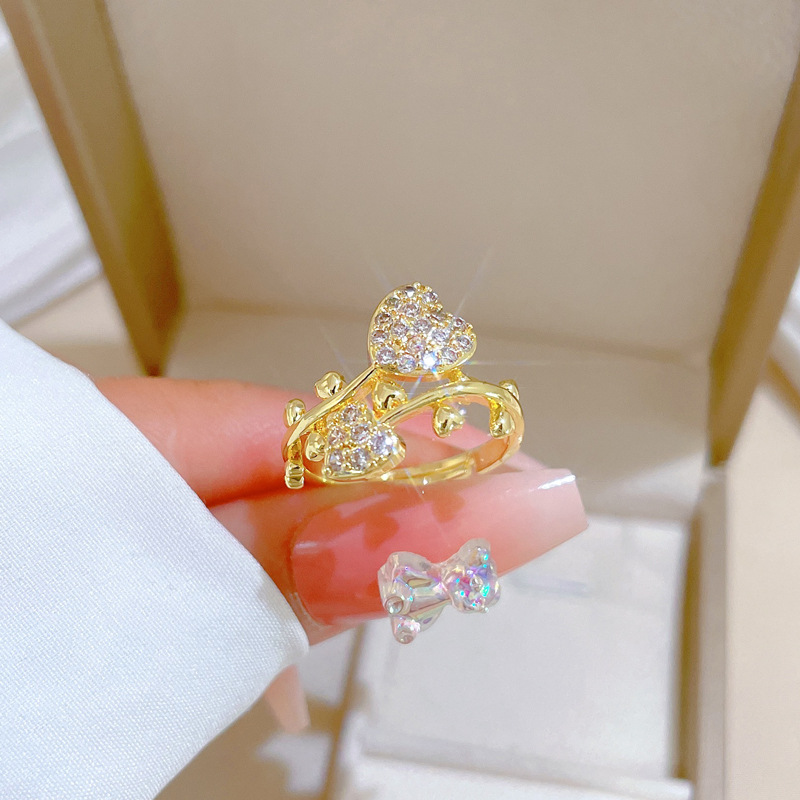 Full Diamond Heart Zirconia Adjustable Ring In Real Gold Style_voghion.com
